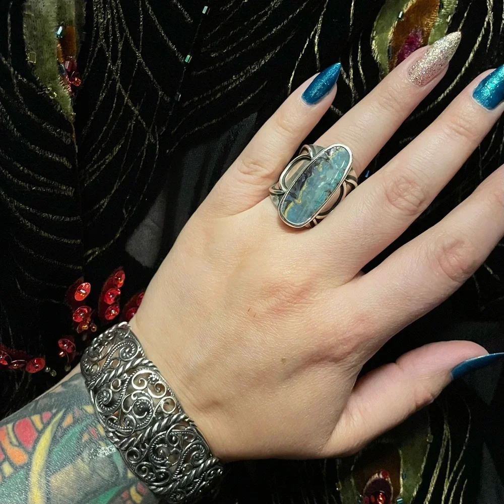 Chunky Natural Australian Opal Sterling Silver Moon Ring